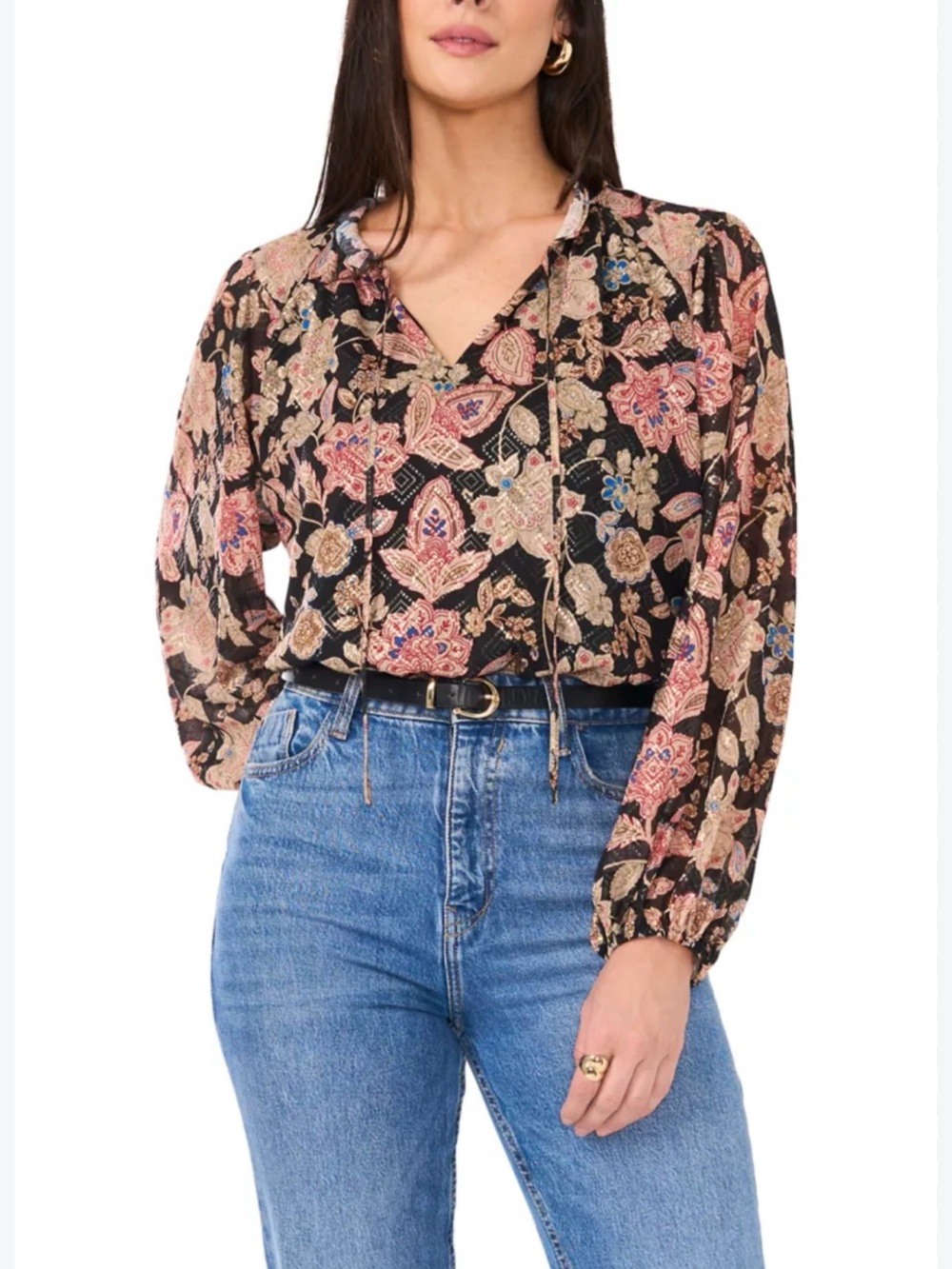 Vince Camuto Floral Ruffle Blouse Women’s S Sheer Long Sleeve Romantic Top